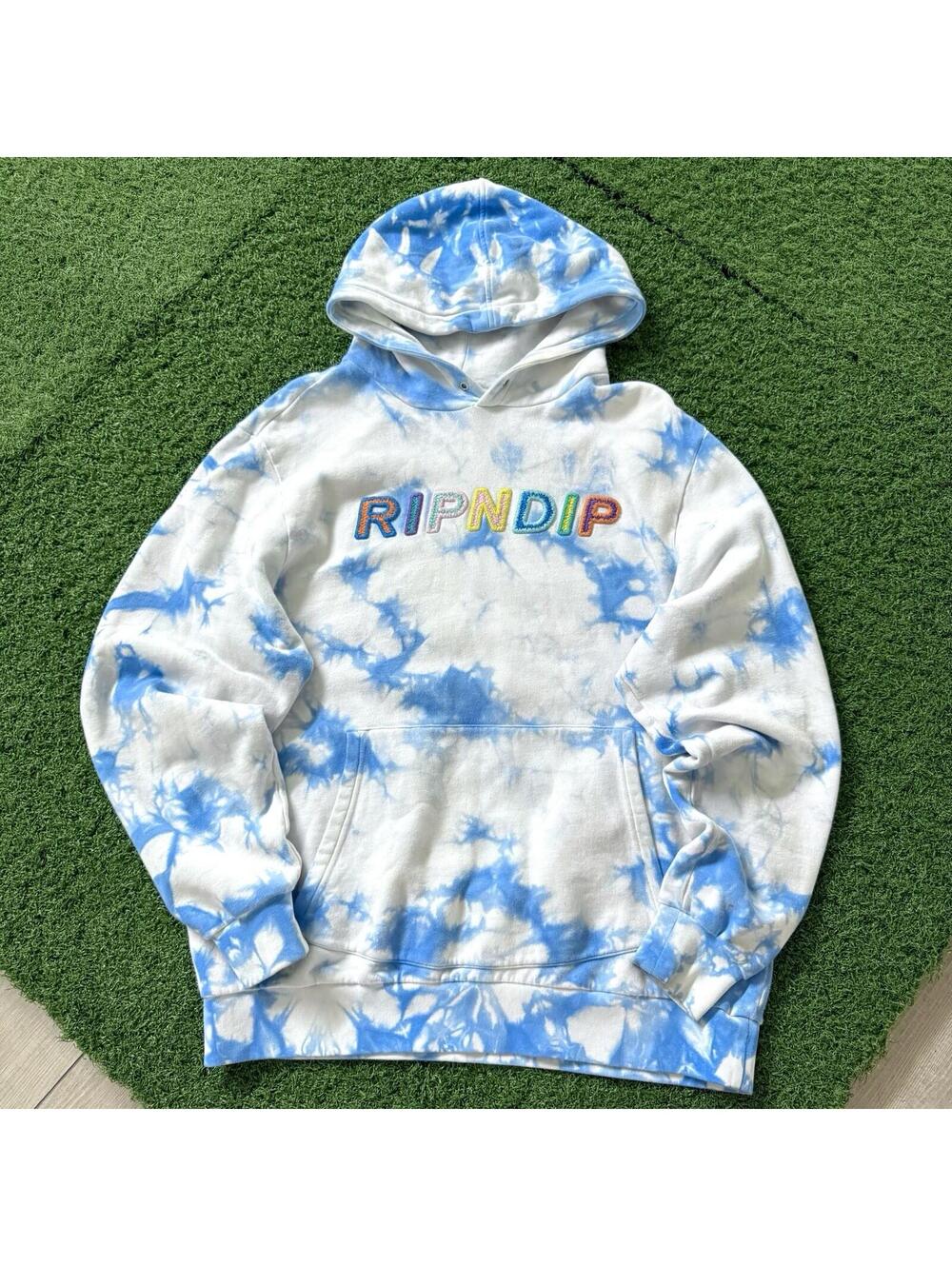 RIPNDIP Tie Dye Spellout Hoodie Mens S Sky Blue White Embroidered Skate Y2K RLX